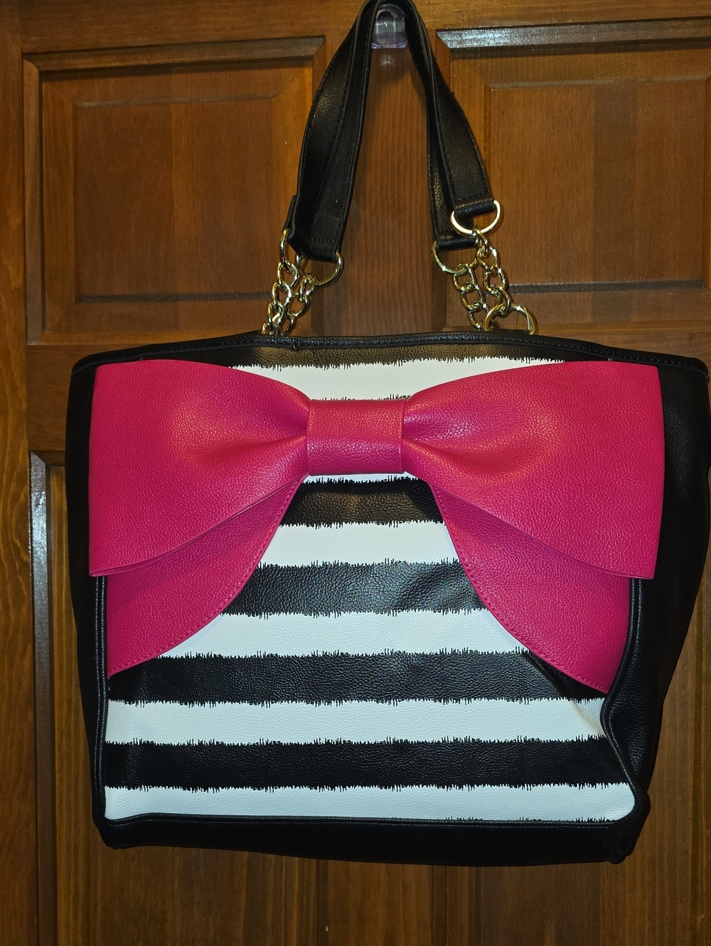 Betsey Johnson Black & White Stripe Tote with Hot Pink Bow
